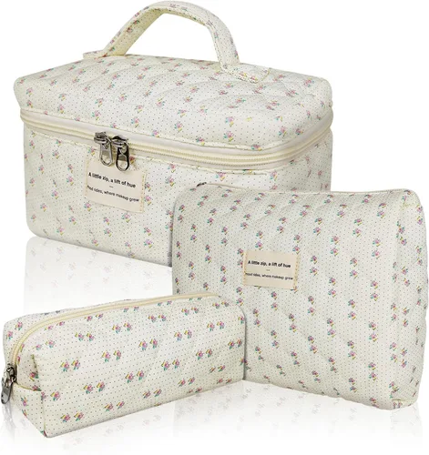 Vista 30 de Juego de bolsas de maquillaje, bolsa de maquillaje acolchada, bolsa grande para cosméticos florales para mujer, bonitas bolsas de maquillaje