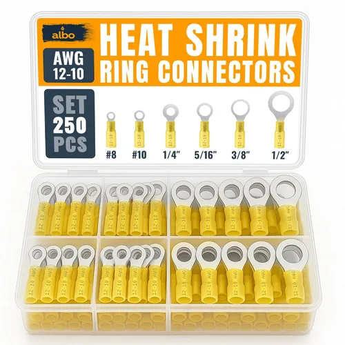Vista 24 de ALBO Kit de terminales de anillo termorretráctil azul #10 de 250 piezas - Surtido de conectores de terminales de cable de 16-14 AWG, conectores