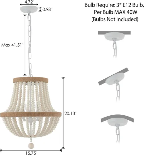 Vista 5 de Lámpara de araña bohemia de 3 luces de granja, luz colgante de cuentas de madera, lámpara colgante rústica antigua para cocina, isla, pasillo, Blanco