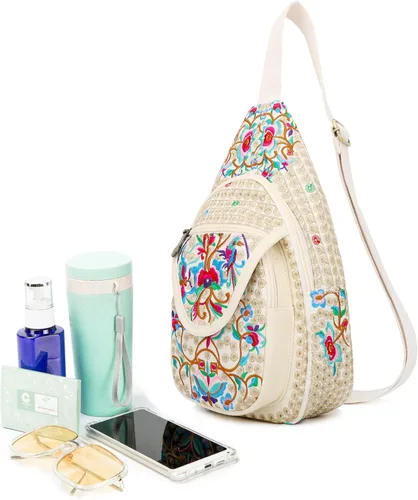 Vista 6 de SILKAREA Bolso bandolera pequeño floral vintage para mujer, bolso de mano, bolso de hombro, mochila bordada de viaje (beige rojo)