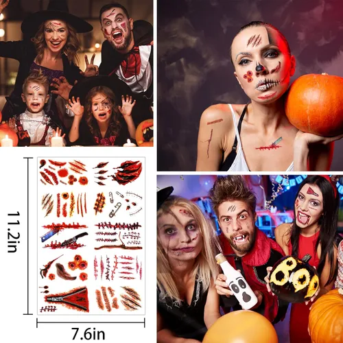 Vista 6 de Decoraciones de Halloween para ventana, 9 hojas, 90 unidades, calcomanías de huellas de manos sangrientas con 10 calcomanías de tatuaje, calcomanías