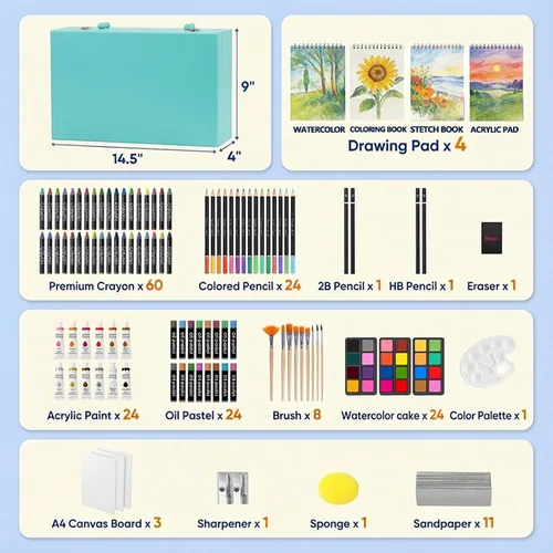 Vista 2 de Juego de arte de lujo de 194 piezas, suministros de pintura y dibujo con 4 blocs de dibujo, pinturas acrílicas, crayones, set de lápices
