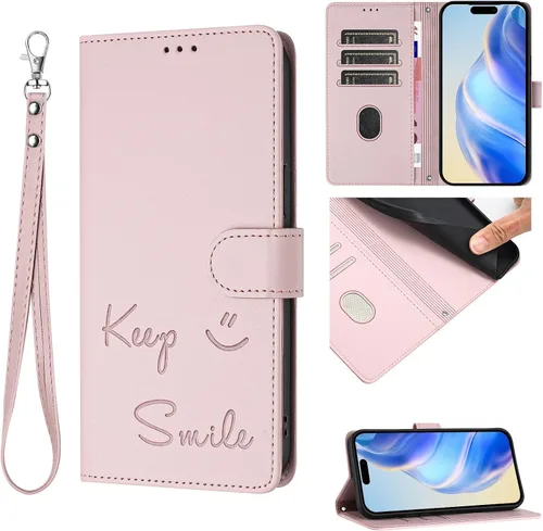 Vista 12 de Flip Wallet Case for Motorola Moto E32 4G (Int'l), Keep Smile Embossed Leather Cover with Card Slots, RFID Blocking, Kickstand, Wrist Strap Black.