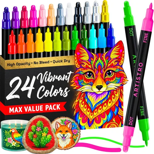 Vista 17 de ARTISTRO 5 marcadores negros de pintura acrílica de doble punta, juego de bolígrafos de pintura con puntos y puntas finas para tela, rocas, vidrio