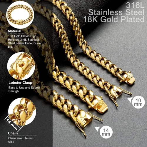 Vista 4 de Collar de cadena de eslabones cubanos de acero inoxidable chapado en oro de 18 quilates para hombre