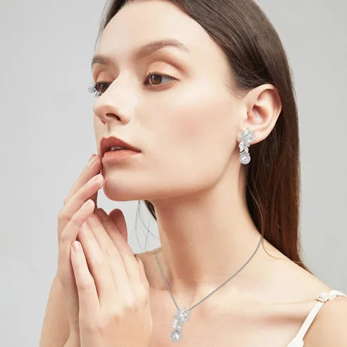 Vista 2 de Juego de joyas de boda para novia, aretes y collar de plata S925, joyería de graduación, circonita cúbica, para novias, damas de honor, para el día
