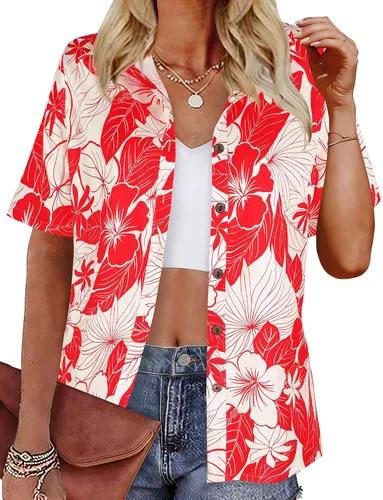 Vista 26 de LILYCHIC Camisas hawaianas de verano con botones de coco para mujer, camisas suaves con botones de manga corta A-hoja floral negra