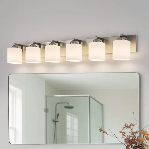 Vista 19 de mirrea Lámpara de tocador negra de 1 luz para espejo, aplique de pared de baño con pantallas de vidrio blanco esmerilado