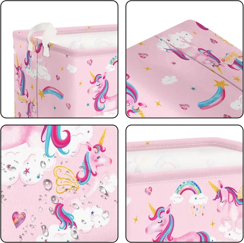 Vista 5 de Clastyle Adorable cesta de estante de unicornios rosados para niños, diseño de nube, corazón, arco iris, cesta de regalo rectangular para ropa