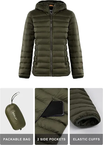 Vista 5 de Orolay Chaqueta ligera de plumón plegable para mujer, abrigo acolchado con cuello alto