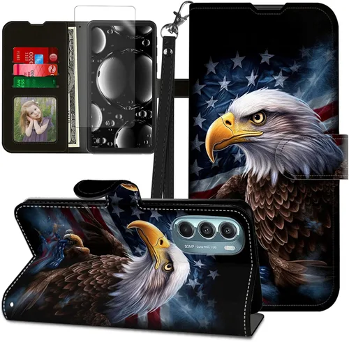 Vista 285 de Funda para Motorola Edge 2022 con protector de pantalla, soporte y tarjetero y correa para la muñeca, funda magnética para Moto Edge 2022 5G UW Lobo
