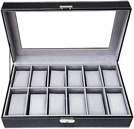 Vista 4 de XWWDP - Caja de reloj grande para hombres, organizador de vitrina de reloj, bandeja organizadora de joyas, parte superior de cristal, piel sintética