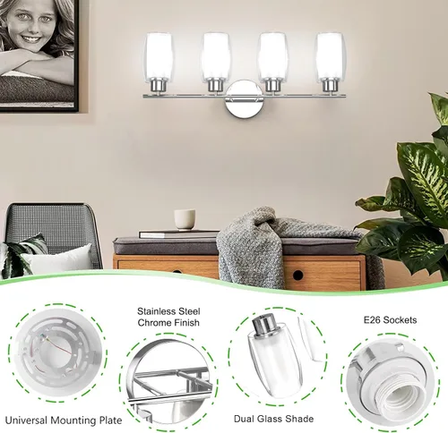 Vista 3 de Aipsun Lámpara de baño con 4 luces, luces cromadas arriba y abajo, modernas luces de bahthroom con vidrio transparente y vidrio esmerilado, luces