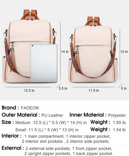 Vista 2 de FADEON Mochila de cuero para mujer, diseño de mujer, bolsa de hombro de moda, mochila de viaje convertible de PU, E Beige Con Marrón, Medium
