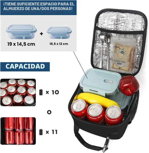 Vista 3 de Femuar Lonchera para hombres, mujeres y adultos, lonchera pequeña para el trabajo, picnic, bolsa de almuerzo reutilizable, bolsa de almuerzo Negro
