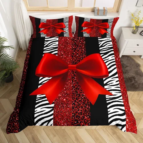 Vista 4 de Juego de funda de edredón para niños, tamaño individual, diseño de cebra y leopardo con purpurina, decoración de habitación para niñas y mujeres