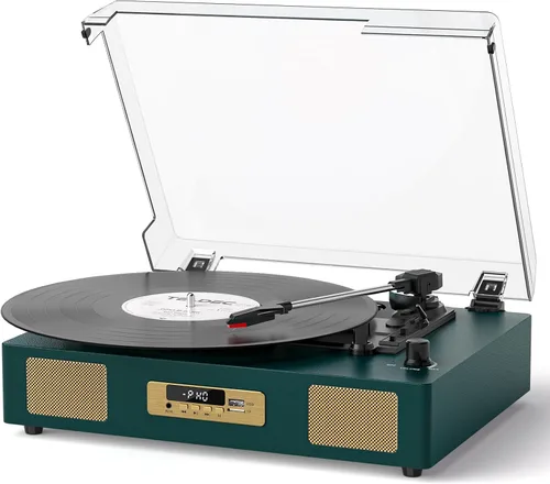 Vista 10 de Reproductor de discos de vinilo de tamaño extendido con reproducción Bluetooth, altavoces integrados, grabación USB, pantalla LED, tocadiscos