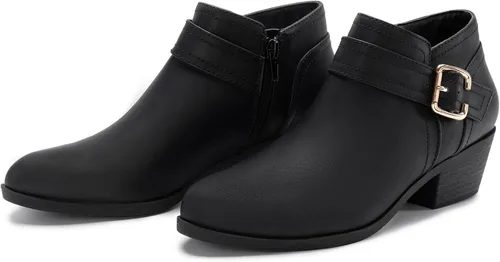 Vista 5 de Athlefit Botines gruesos de tacón bajo para mujer, botines clásicos con punta puntiaguda y cremallera lateral