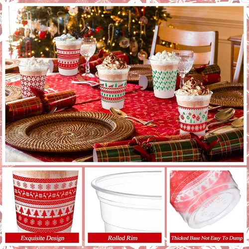 Vista 3 de Qinyoung 100 Piezas Vasos de Plástico de Navidad de 12 onzas Vasos Desechables de Navidad Rojo y Verde Suéter Árboles de Navidad Diseño de Copos