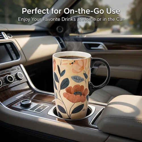 Vista 5 de Topadorn Taza de viaje de cerámica de 17 onzas con tapa y asa, taza de café floral bohemio, taza de porcelana apta para microondas y lavavajillas