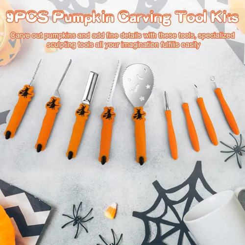 Vista 5 de Kit de tallado de calabaza para Halloween, juego profesional de tallado resistente, herramienta de escultura de acero inoxidable cuchillo