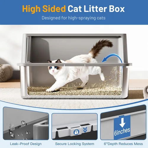 Vista 2 de Jotesnew Paquete de 2 Cajas de Arena para Gatos de Acero Inoxidable XL con Tapa y Lados Altos, 24" L x 16" A x 12" Al Cajas de Arena de Metal Extra