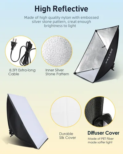 Vista 3 de Kit de Iluminación Softbox Skytex 2Pack, cajas Soft Box de 20x28 pulgadas Actualización de 135W, 2700-6400K, 100V-240V AC, bombilla LED E27