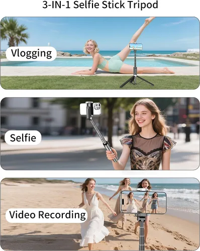Vista 5 de Trípode para selfie stick para iPhone, trípode portátil para teléfono celular con control remoto inalámbrico, trípode de viaje todo en uno, palo