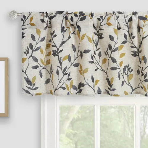 Vista 17 de Cenefa de cocina de lino, cenefas de cortina con estampado de hojas de árbol para baño, dormitorio, sala de estar, decoración de granja con bolsillo