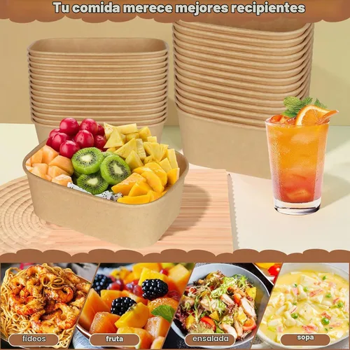 Vista 6 de Paquete de 50 recipientes de cartón compostables de 25 onzas con tapas, papel kraft desechable, almacenamiento para microondas y congelador, seguro