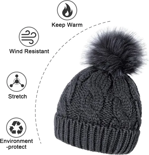 Vista 4 de YSense Wear 2 Pack Toddler Kids Winter Warm Fleece Lined Beanie Hats for Boys and Girls Crochet Hairball Knit Cap 1-6 Years