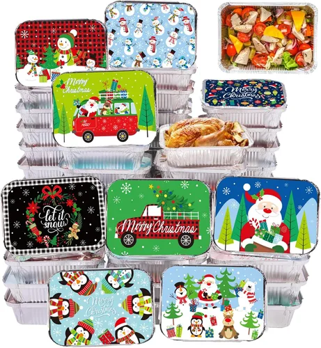 Vista 2 de 50 recipientes de aluminio para galletas de Navidad, con tapas, desechables con cubiertas de cartón con temática navideña, moldes para hornear
