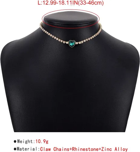 Vista 6 de Collar de tenis de cristal con forma de corazón, gargantilla de corazón de cristal verde, gargantilla de tenis con diamantes de imitación