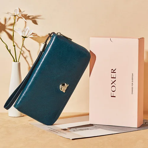 Vista 8 de FOXLOVER Carteras de cuero para mujer con bloqueo RFID pequeño y compacto tarjetero de crédito con bolsillo con cremallera Azul Classic