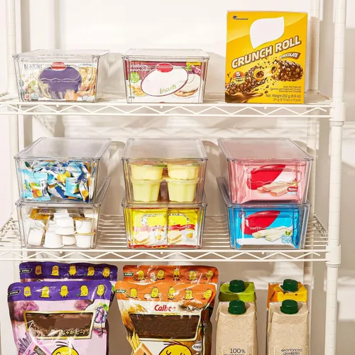 Vista 7 de Refrigerador Oragnizer con tapa, recipientes de plástico transparente apilables, contenedor de almacenamiento de alimentos reutilizable, sin BPA