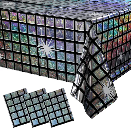 Vista 9 de Paquete de 4 manteles de plástico iridiscente brillantes desechables láser rectangulares, cubiertas de mesa, mantel de papel holográfico