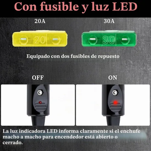 Vista 5 de Enchufe de encendedor de cigarrillos resistente de 12 AWG, cable adaptador de enchufe macho de encendedor de cigarrillos de 10 pies con luces LED