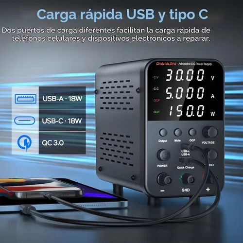 Vista 3 de Fuente de alimentación de CC variable, fuente de alimentación de banco de CC regulada de conmutación ajustable de 32 V 5 A con modo de carga