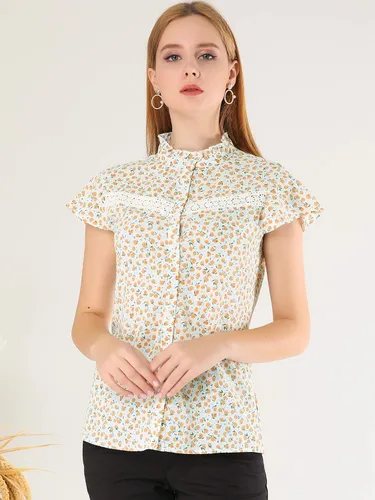 Vista 2 de Allegra K Blusa de verano con botones y cuello con volantes para mujer, M