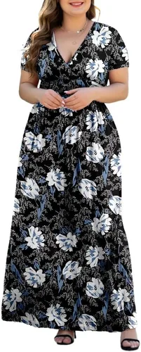 Vista 5 de HAOMEILI Women's L-5XL Short Sleeve Maxi Dresse V-Neck Plus Size Casual Dresses with Pockets