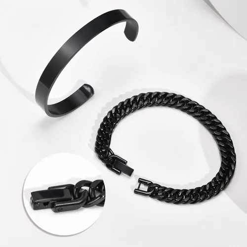 Vista 4 de XUANPAI Pulseras de plata personalizadas para hombre, 2 pulseras de acero inoxidable con eslabones cubanos para hombre, joyería de regalo para papá
