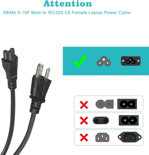 Vista 4 de Cable de alimentación de CA de repuesto de 2 pies para laptop, cable de alimentación universal de 3 clavijas, 18 AWG, resistente, NEMA 5-15P a C5