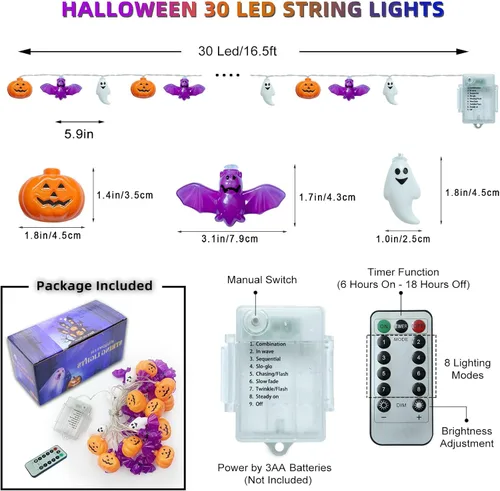 Vista 2 de Luces de Cadena de Halloween, 16.4 pies, 30 LED, Calabaza Murciélago Fantasma, Funciona con Pilas, Luces Naranjas y Moradas con Efecto Naranja