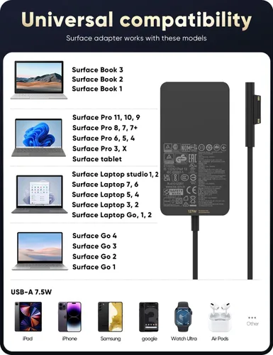 Vista 3 de Cargador de superficie de 127 W, cargador Microsoft Surface para Surface Book 1/2/3, Surface Laptop Studio, Surface Pro 3/4/5/6/7/7+/8/9/10/11