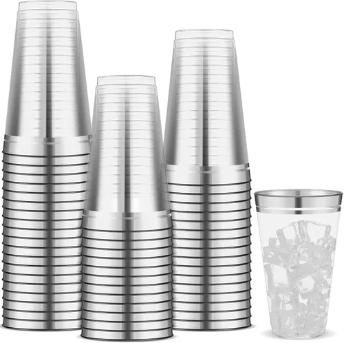 Vista 7 de Sliner 50 vasos de plástico duro con doble aro, copas de vino resistentes para vacaciones, Navidad, Año Nuevo, suministros de fiesta de cumpleaños