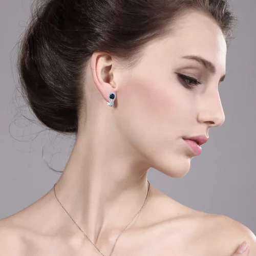 Vista 3 de Gem Stone King 925 Sterling Silver Round 5MM Gemstone Birthstone and and White Created Sapphire Earrings For Women