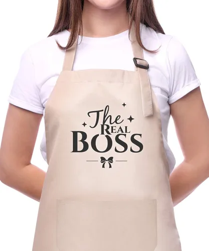 Vista 3 de Delantales para parejas para cocinar: juego de delantales de The Boss The Real Boss, divertidos delantales ajustables para hornear para él y ella