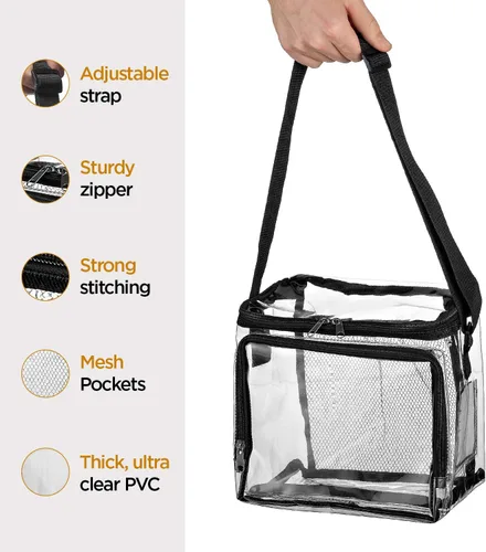Vista 6 de SP HOME GOODS Bolsa transparente aprobada para estadios con correa ajustable, compartimento frontal de almacenamiento y bolsillos de malla, bolsas