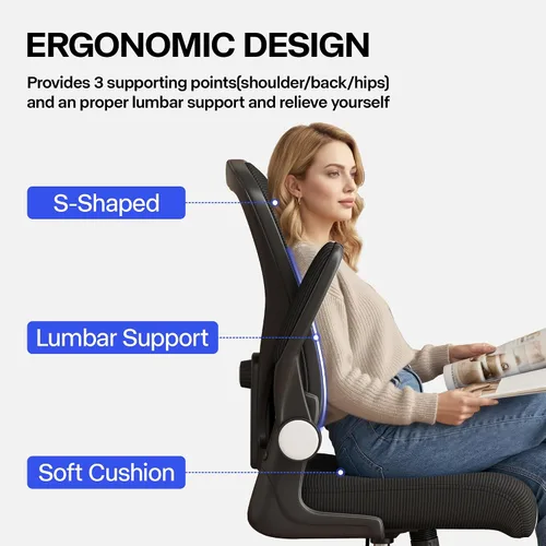 Vista 4 de Silla de oficina, silla de escritorio ergonómica con soporte lumbar ajustable, brazos abatibles, cómoda silla giratoria de malla para computadora