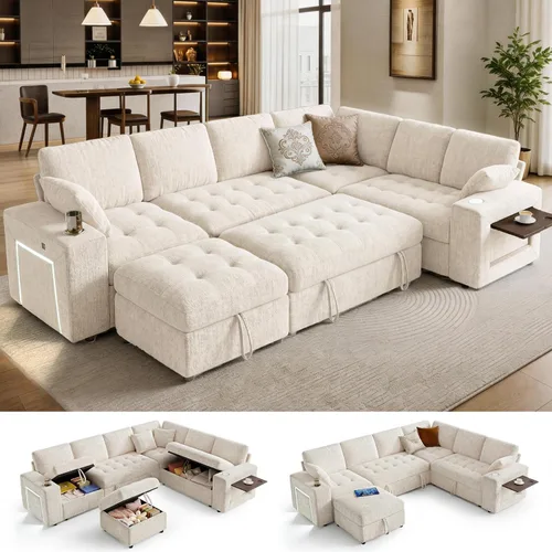 Vista 18 de Sofá modular modular de 86 pulgadas en forma de L, 5 asientos con cama Beige